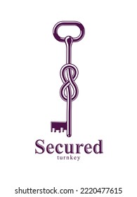 Knotted key allegorical symbol of keep secret, vintage antique turnkey in a knot, defense and security concept, password personal data protection, vector logo.