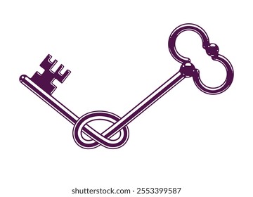 Knotted key allegorical symbol of keep secret, vintage antique turnkey in a knot, defense and security concept, password personal data protection, vector logo.