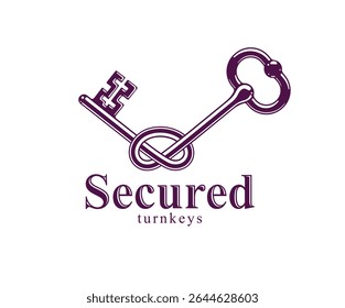 Knotted key allegorical symbol of keep secret, vintage antique turnkey in a knot, defense and security concept, password personal data protection, vector logo.