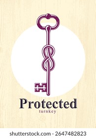 Knotted key allegorical symbol of keep secret, vintage antique turnkey in a knot, defense and security concept, password personal data protection, vector logo.