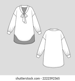Knotted Neck Dress drop shoulder knot neck high low dip hem Long Sleeve with cuff hem fashion flat sketch technical drawing template design vector