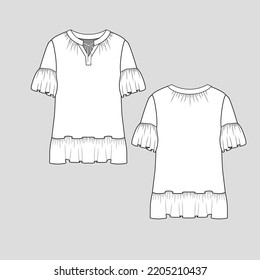 Knotted Neck Ruffles Top neck detail ruffles hem fashion  flat sketch drawing cad template