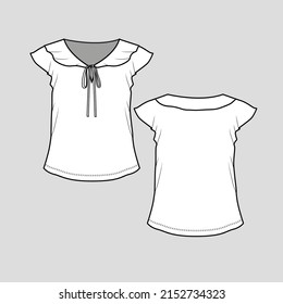 Knotted neck ruffles  top fashion knot tie neck ruffles  kimono sleeve detail t shirt top blouse clothing fashion flat sketch technical drawing template design vector