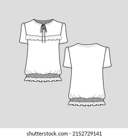 Knotted neck Smocked hem ruffles frill top fashion knot tie neck puff sleeve flare smocking frill hem detail t shirt top blouse clothing fashion flat sketch technical drawing template design vector