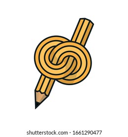 Knotted pencil isolated vector illustration for pencil Day on March 30. Writers block color symbol.