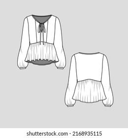 Knotted peplum Ruffles lace up top Notch neck Front knot tie puff  gathering long sleeve high low dip hem fashion t shirt top blouse flat sketch technical drawing template design vector