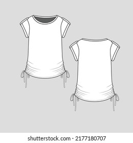 Knotted Roll up sleeve top crew neck Side hem knot tie Fold up short  sleeve with flap button Fashion t shirt top blouse  flat sketch technical drawing template design vector