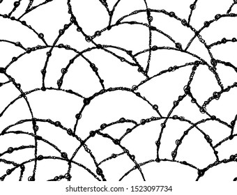 Knotted rope in Black and White, with non-directional sketchy yarn balls on curly string