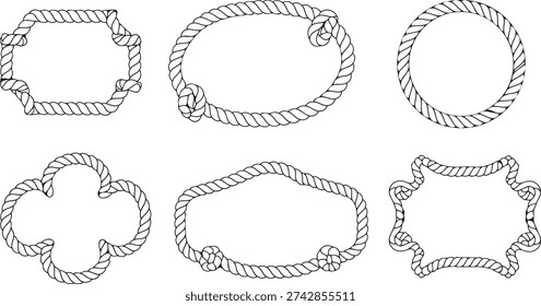 Knotted rope frames in varied shapes including circles squares and abstract designs showcasing detailed ropework and intricate knots