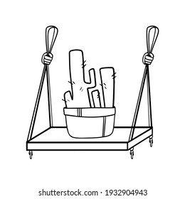 Knotted rope hanging shelf with potted cactus, doodle vector. Cacti, Succulent on a floating shelf, isolated home wall decor elements. Houseplant line art.