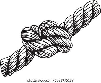 Knotted ropes cords eight knots. Nautical thread whipcord with loops and noose. Rope cord Twisted. Illustration hand drawn graphic isolated background Vector. Braided, folded spiral fiber