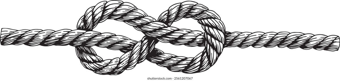 Knotted ropes eight knots realistic cords knot in vector. Nautical thread whipcord with loops and noose. Twisted, braided, folded, spiral fiber. Illustration hand drawn black graphic background