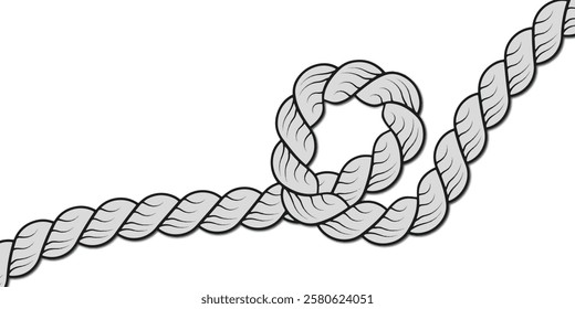 Knotted ropes eight knots realistic cords knot in vector. Nautical thread whipcord with loops and noose. Twisted, braided, folded, spiral fiber. Illustration hand drawn black graphic background