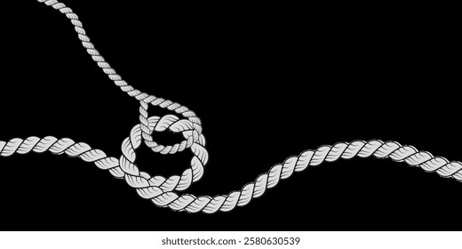 Knotted ropes eight knots realistic cords knot in vector. Nautical thread whipcord with loops and noose. Twisted, braided, folded, spiral fiber. Illustration hand drawn black graphic background