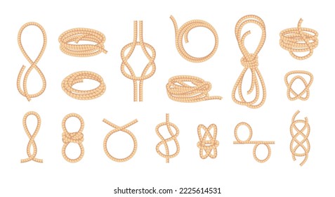 Knotted ropes. Looped bowknot twisted curve straight fiber thread, braided cord knot string tie elements cartoon flat style. Vector isolated collection of bowknot jute texture illustration