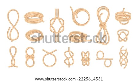 Knotted ropes. Looped bowknot twisted curve straight fiber thread, braided cord knot string tie elements cartoon flat style. Vector isolated collection of bowknot jute texture illustration