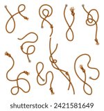 Knotted ropes with tassels and holes set. Knot cord curve, rope sailor marine. Curtain tassels, realistic rope elements. Isolated marine twisted loops. Vector illlustration