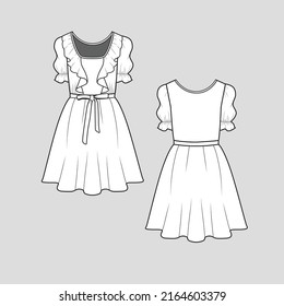 Knotted Ruffles peplum Short Sleeve Dress Waist Gathering knot tie Ruffle Sleeve hem fashion t shirt tunic top blouse Dresses Flat Sketch technical Drawing template design vector