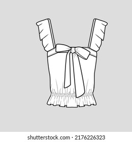 Knotted Ruffles Top sleeveless knot tie waist gathering Ruffle frill hem  t shirt blouse flat sketch technical drawing template design vector