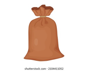 Knotted sack isolated on white background. Brown textile bag of potatoes, flour or grain.