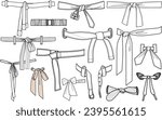 knotted waistband details for dress flat sketch vector illustration set, different belt  types ribbon fabric bow knots for waist band, Decorative bow knot.
