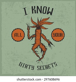 I know all your dirty secrets label design with drawn dotwork carrot at the centre