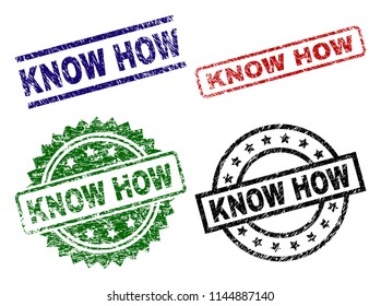 KNOW HOW seal prints with damaged texture. Black, green,red,blue vector rubber prints of KNOW HOW label with scratched texture. Rubber seals with circle, rectangle, medal shapes.