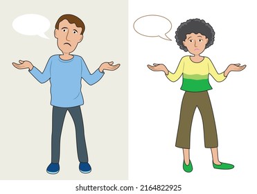 I don’t know. Man and woman shrug, show helpless gesture, spread their hands showing that he or she doesn’t know what to do.Vector Illustrations.