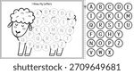 I know my letters matching game in outline with a cute sheep for kids. Learning alphabet cut and paste activity page for toddlers in black and white. Vector illustration