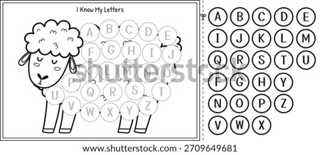 I know my letters matching game in outline with a cute sheep for kids. Learning alphabet cut and paste activity page for toddlers in black and white. Vector illustration