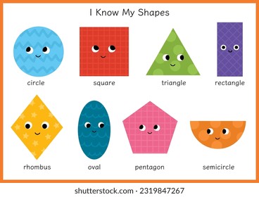 I Know My Shapes educational activity page for kids with cute characters. Learning basic geometric shapes poster for preschool with circle, square, triangle, etc. Vector illustration