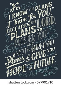 For i know the plans i have for you, declares the lord plans to prosper you and not to harm you, plans to give you hope and a future. Bible quote, Jeremiah 29:11. Hand-lettering, home decor sign
