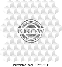 Know retro style grey emblem with geometric cube white background