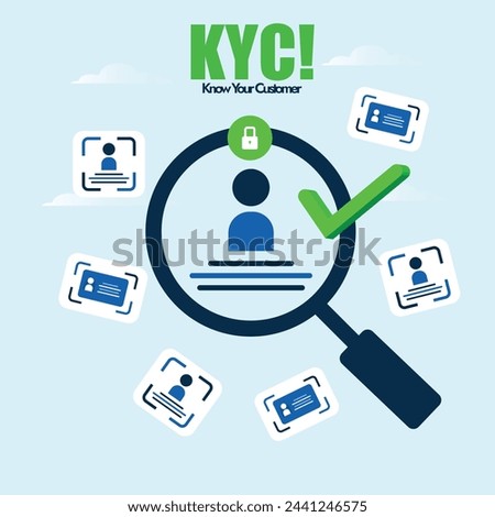 Know you customer, KYC banner. KYC awareness banner with profile identification icon and magnifying glass on it. KYC banner to promote customer identification and verification icons. 