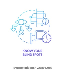 Erfahren Sie, was Sie mit Ihrem blauen Fleck-Konzept tun. Spiegelbild anzeigen Fahrsicherheit für gewerbliche Fahrer abstrakte Idee dünne Linie Illustration. Einzeln Umrisszeichnung. Myriad Pro-Fett-Schriftart verwendet