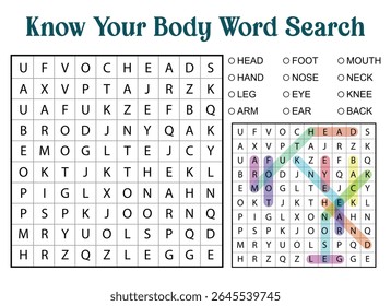 A Know Your Body word search puzzle, with a solved example showing the location of some body parts.