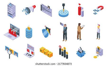 Know your client icons set isometric vector. Card cms. Data customer
