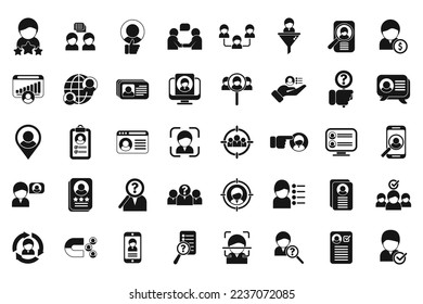 Know your client icons set simple vector. Card cms. Data customer