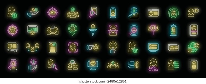 Know your client icons set outline vector. Card cms. Data customer neon color on black