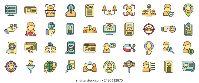 Know your client icons set outline vector. Card cms. Data customer thin line color flat on white