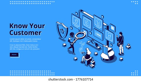 Know your customer banner. Concept of identification bank client, analysis risk and trust business, anti laundering. Vector landing page of KYC with isometric illustration of working people