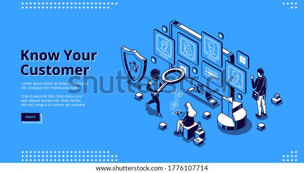 Know your customer banner. Concept of\
identification bank client, analysis risk and trust business, anti\
laundering. Vector landing page of KYC with isometric illustration\
of working people