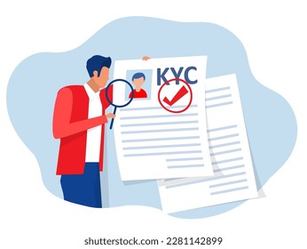  know your customer , business verifying the identity of its clients concept at the partners-to-be through a magnifying glass vector illustrator