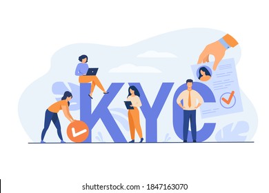 Know your customer concept. Marketing team doing research, collecting client surveys, analyzing risks. Business group using laptops and documents near KYC huge letters