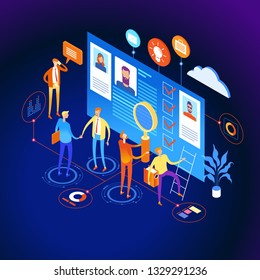 Know your customer concept. Modern business technology. The person interacts with potential customers. Businessman works with these graphs and diograms. 3d vector isometric illustration.