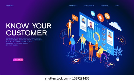 Know your customer concept. Modern business technology. The person interacts with potential customers. Businessman works with these graphs and diograms. 3d vector isometric illustration.