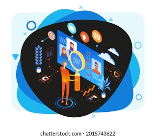 Know your customer concept. Modern business technology. The person interacts with potential customers. Businessman works with these graphs and diograms. 3d vector isometric illustration.