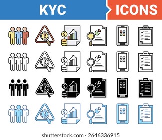 Know your customer icon set with multiple style collection.