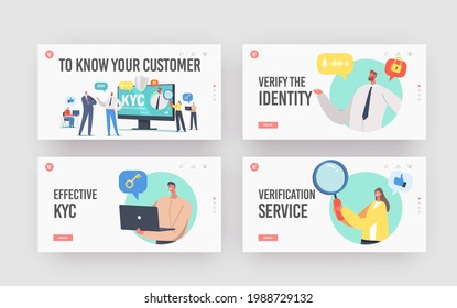 Know Your Customer Landing Page Template Set. Business Verifying of Clients Identity and Assessing their Suitability, Tiny Businesspeople Learning Customer Profile. Cartoon People Vector Illustration