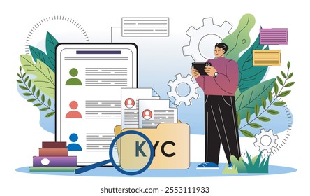 Conheça seu cliente. Homem com sistema KYC. Identidade da empresa. Analista que realiza pesquisa de marketing. Empresário e investidor. Ilustração de vetor plano isolada no plano de fundo branco